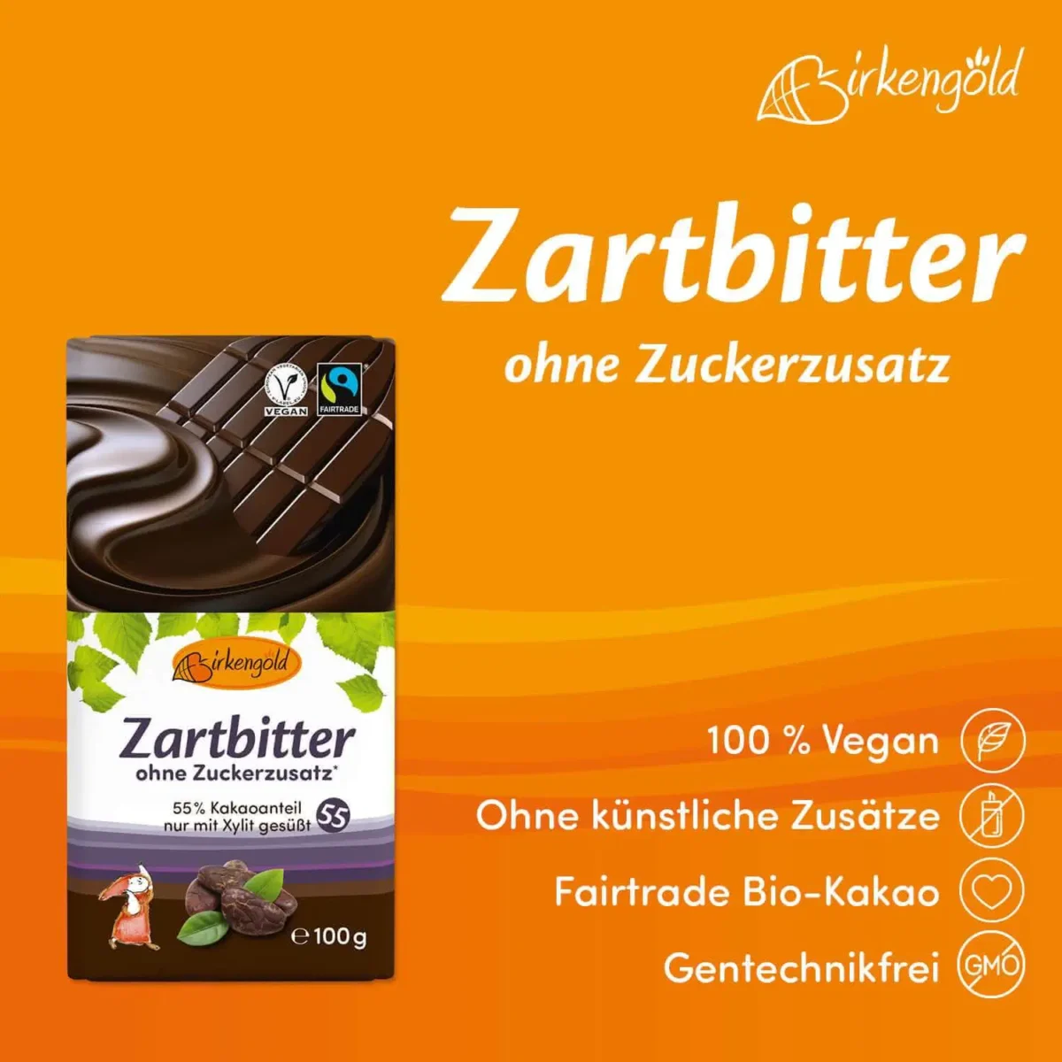 Birkengold zuckerfreie Zartbitter Schokolade ohne Zucker gesüßt mit Birkenzucker Xylit Diabetikerlebensmittel Diabetikerschokolade low carb