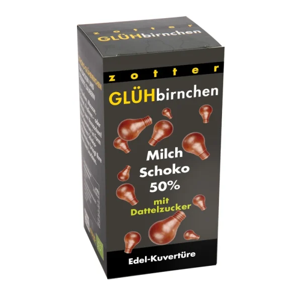 Zotter zuckerfreie Schokolade Gluehbirnchen Milchschokolade 50% mit Dattelzucker