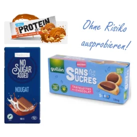Box Kleines Probierpaket zuckerfreie Frankonia Schokolade Gullon Napfkeks ohne Zucker Maxsport Paleo Riegel ohne Zuckerzusatz