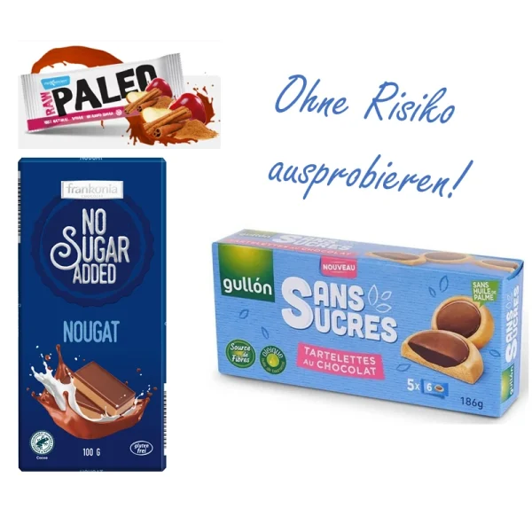 Box Kleines Probierpaket zuckerfreie Frankonia Schokolade Gullon Napfkeks ohne Zucker Maxsport Paleo Riegel v2-1