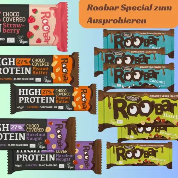 Roobar Special Aktionspreis zum Ausprobieren zuckerfreie Riegel high protein no added sugar ohne Zuckerzusatz preisgünstig