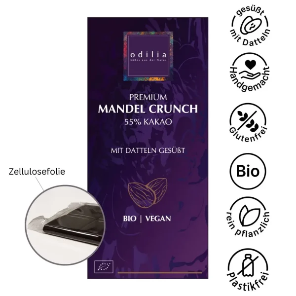Odilia Premium Mandel Crunch Schokolade zuckerfreie Schokolade Dattelsüße no sugar added kein Zucker zugesetzt gesund naschen