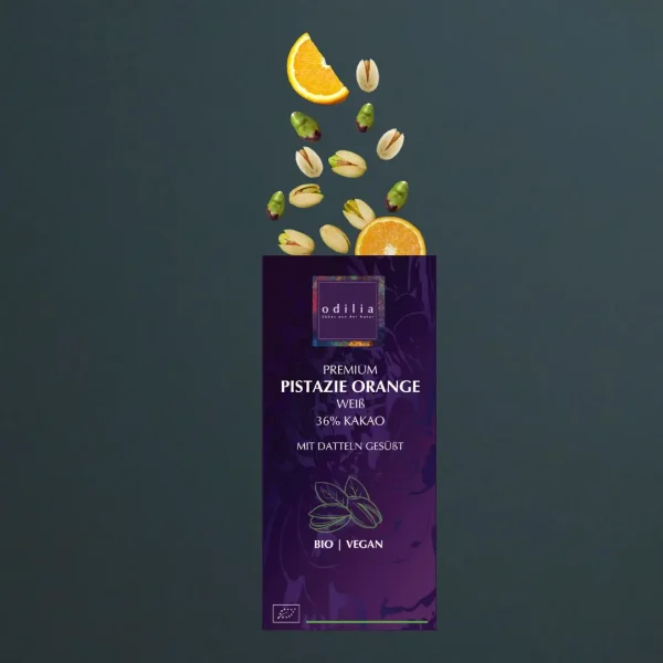 Odilia Premium Pistazie Orange Schokolade zuckerfreie Schokolade ohne Zuckerzusatz gesund naschen reine Dattelsüße bio vegan glutenfrei laktosefrei