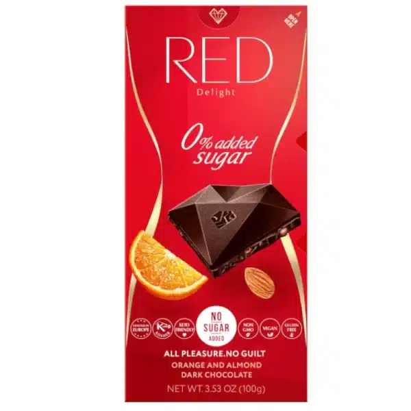 Red Dunkle Schokolade Mandel Orange zuckerfreie Schokolade keto glutenfrei vegan no sugar added Diabetiker Lebensmittel
