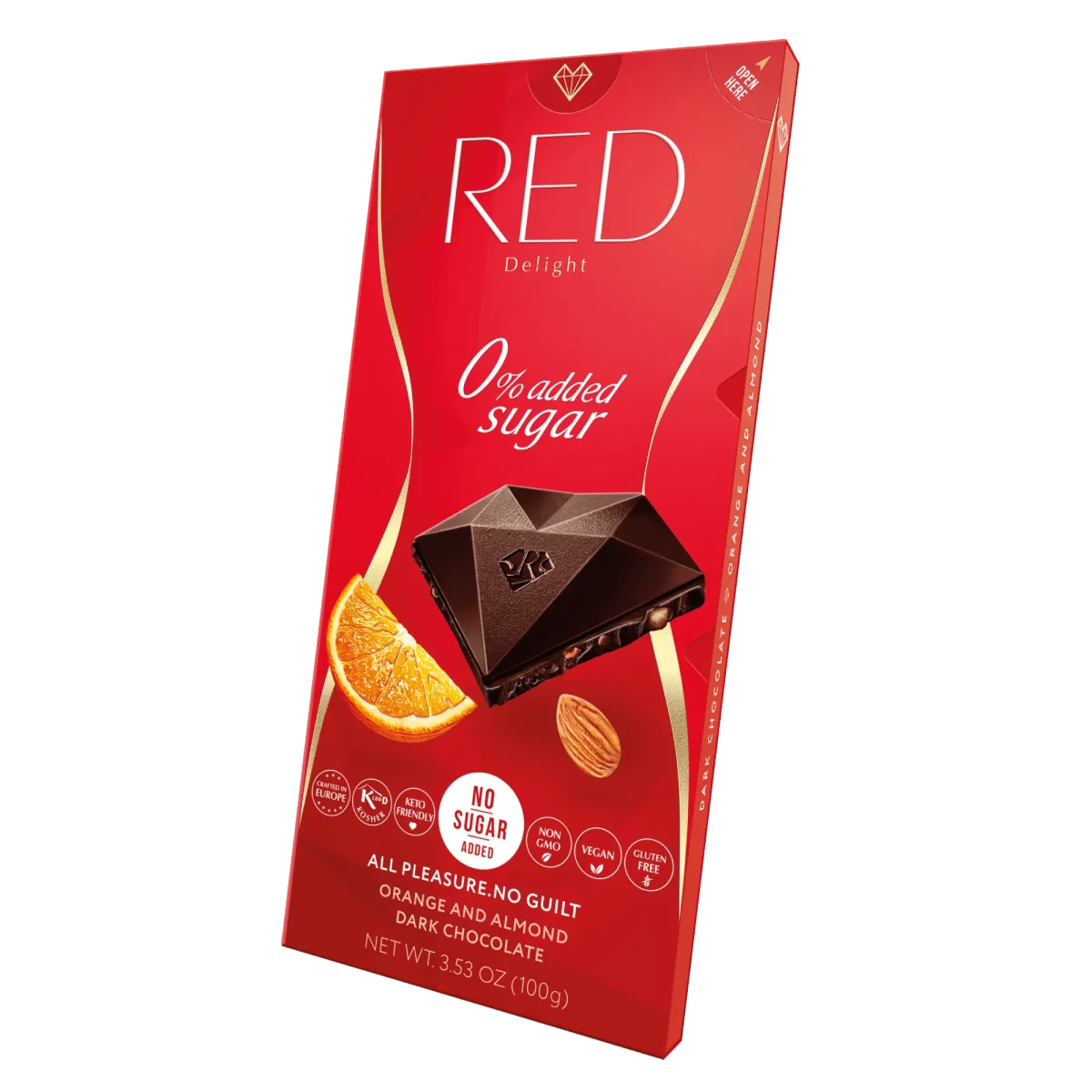 Red Dunkle Schokolade Mandel Orange zuckerfreie Schokolade vegan ohne Zuckerzusatz laktosefrei glutenfrei ohne Palmöl schräg