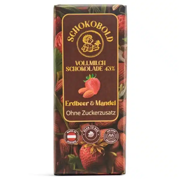 Schokobold Vollmilch Mandel Erdbeere ohne Zuckerzusatz no added sugar sugarfree chocolate Diabetikerlebensmittel keto low carb Kalorien sparen Gewicht.webp