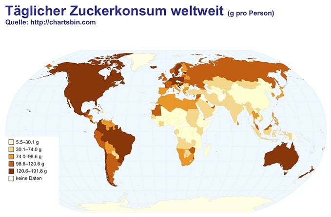 Ist zuckerfreie Schokolade gesund Grafik Zuckerkonsum weltweit