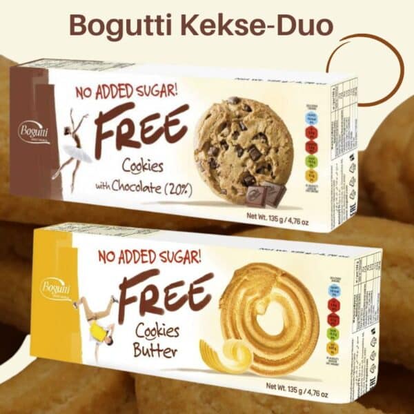 Bogutti Kekse Duo günstiges Aktionsangebot zuckerfreie Kekse mit Schokolade no added sugar ohne Zuckerzusatz Diabetikerlebensmittel gesund naschen