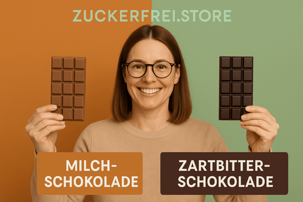 Milchschokolade oder Zartbitterschokolade zuckerfrei no sugar added low carb gesund naschen Diabetikerschokolade